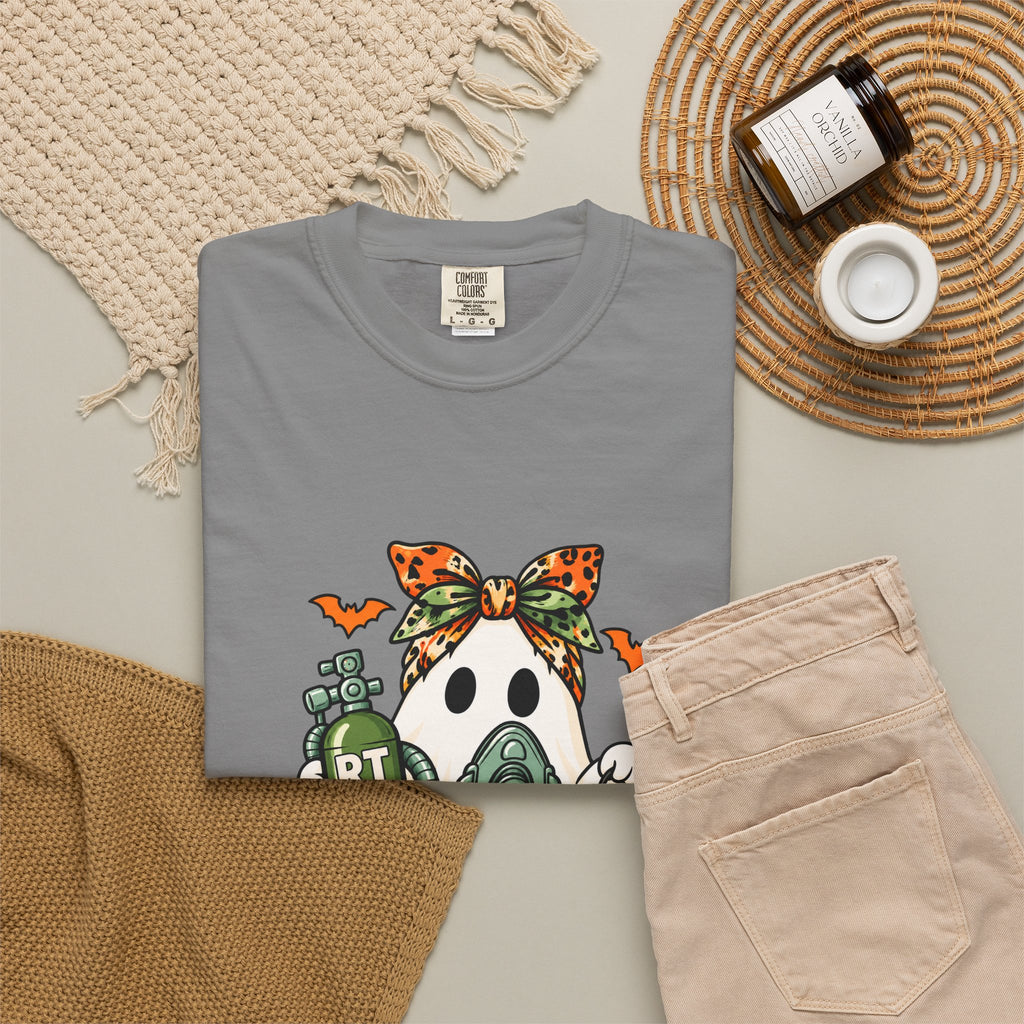 RT Halloween Ghost Tee — Cute Ghost with Pumpkin Respiratory Therapist