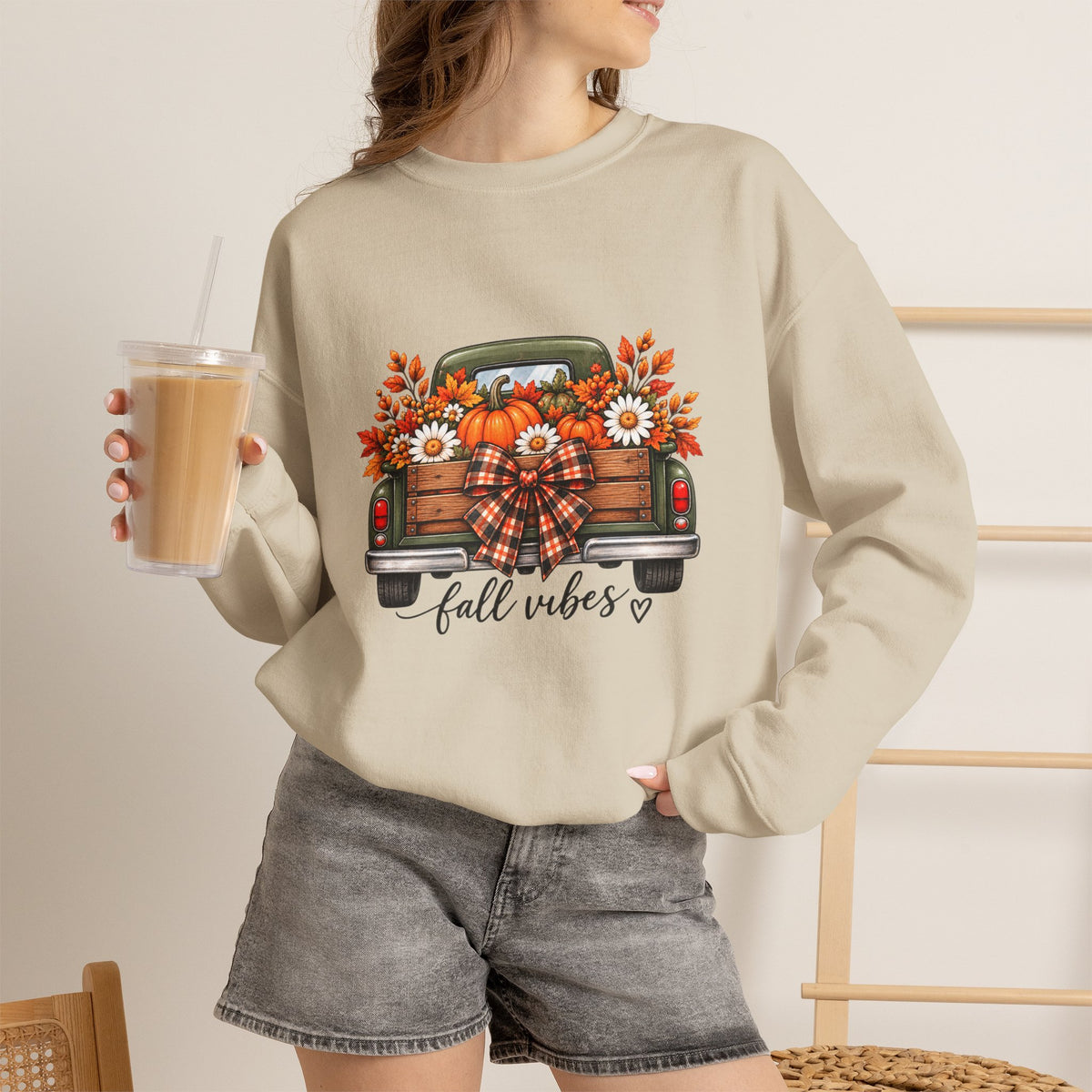 Fall Vibes Truck Sweatshirt — Cozy Autumn Crewneck with Sunflowers & Plaid