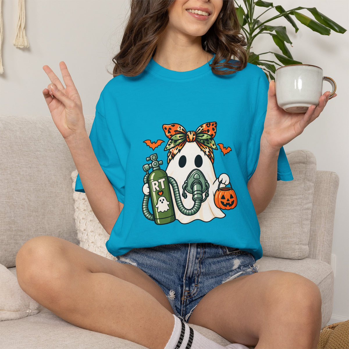 RT Halloween Ghost Tee — Cute Ghost with Pumpkin Respiratory Therapist