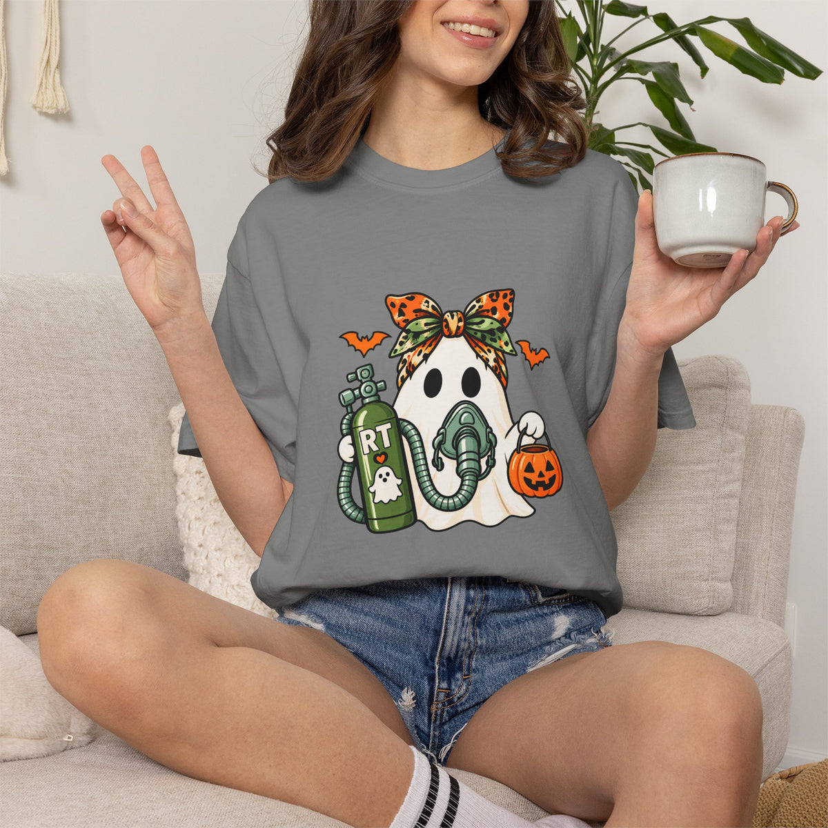 RT Halloween Ghost Tee — Cute Ghost with Pumpkin Respiratory Therapist