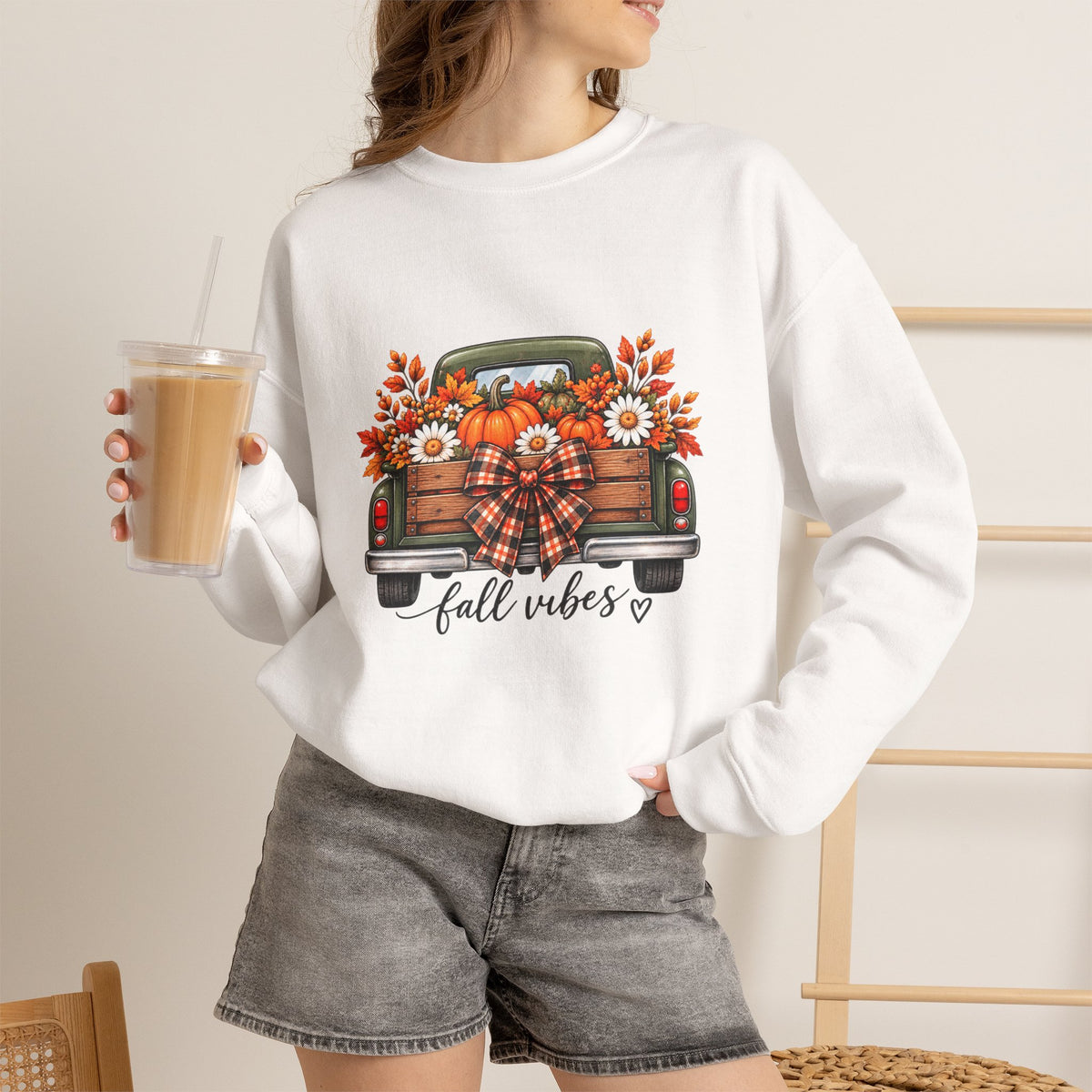 Fall Vibes Truck Sweatshirt — Cozy Autumn Crewneck with Sunflowers & Plaid