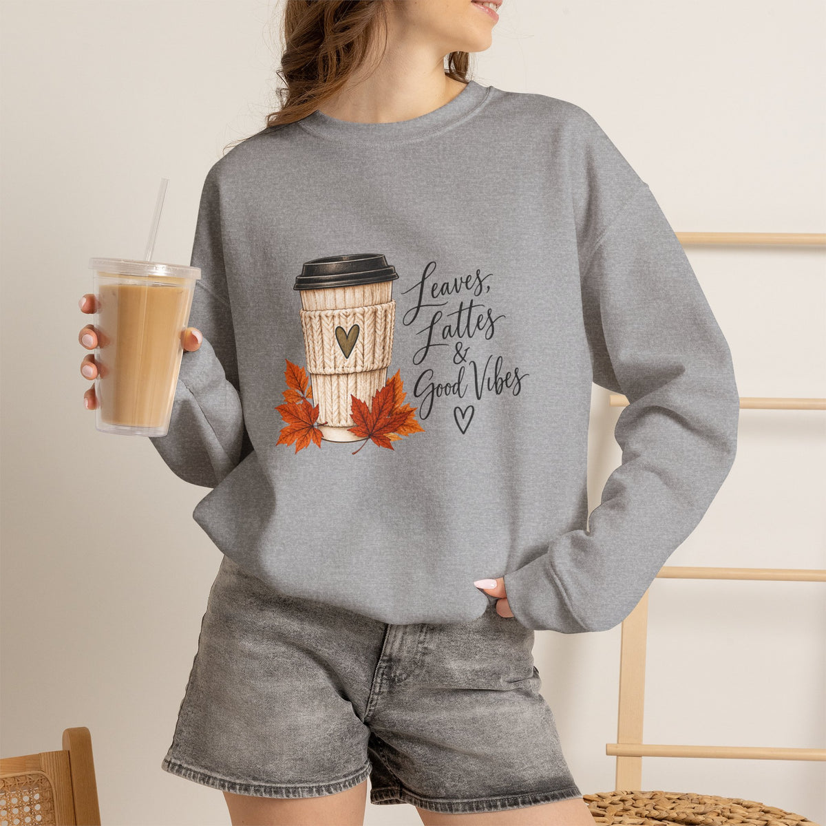 Crewneck Sweatshirt — "Leaves, Lattes & Good Vibes" Fall Coffee Graphic