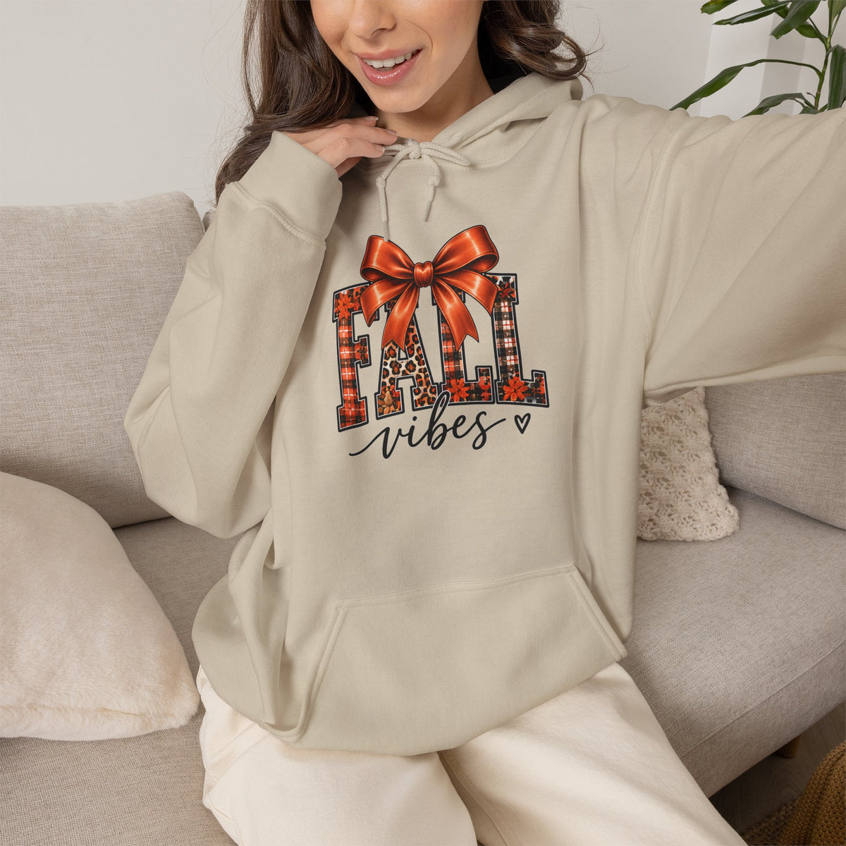 Fall Vibes Hoodie — Plaid Lettering with Bow Autumn Sweatshirt