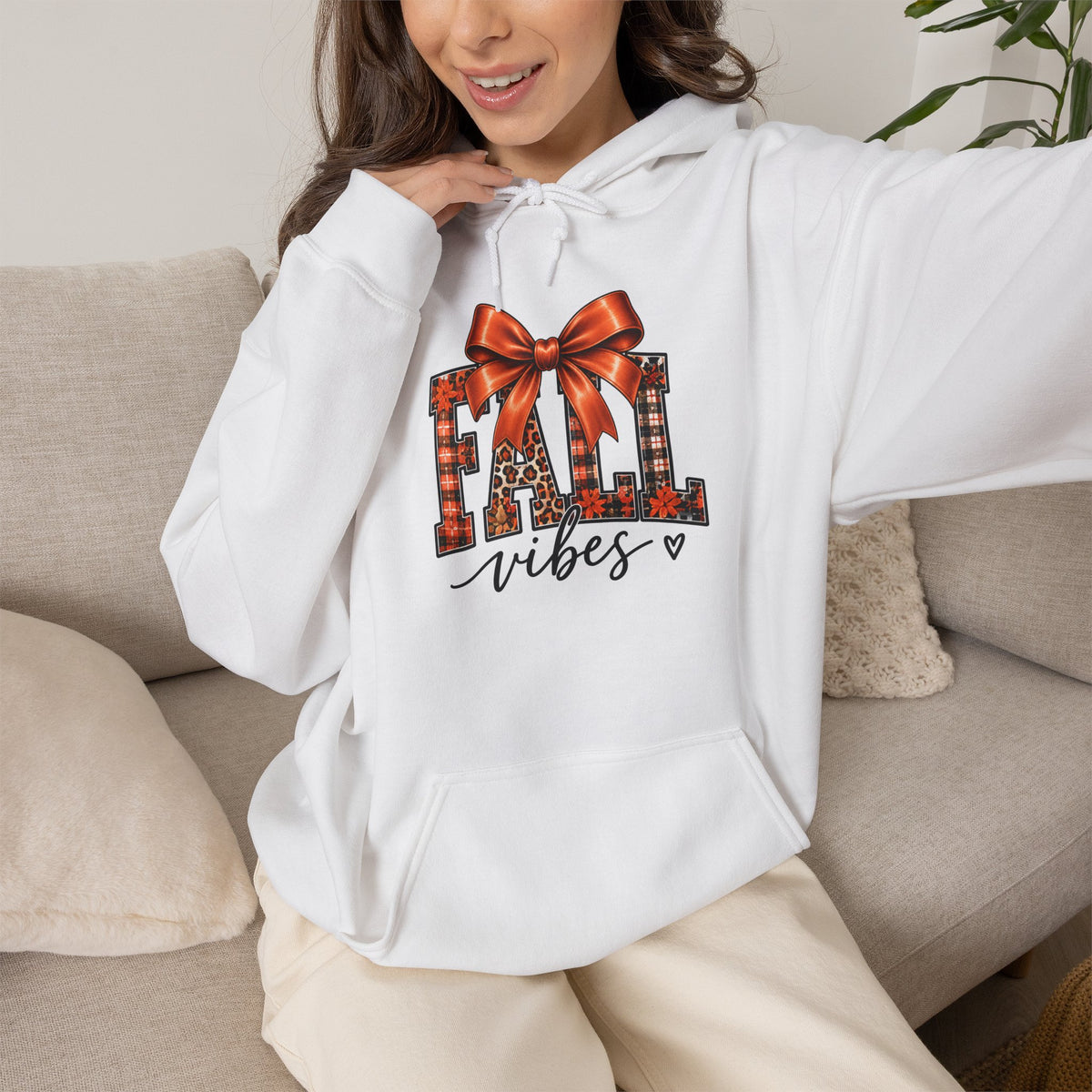 Fall Vibes Hoodie — Plaid Lettering with Bow Autumn Sweatshirt