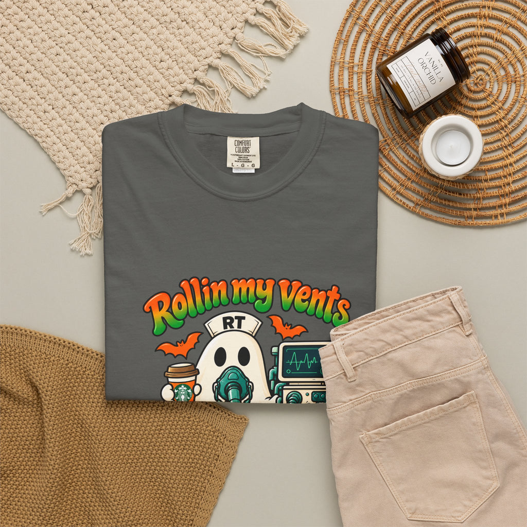 Rollin' My Vents Ghost T-Shirt — Halloween Respiratory Therapist Tee