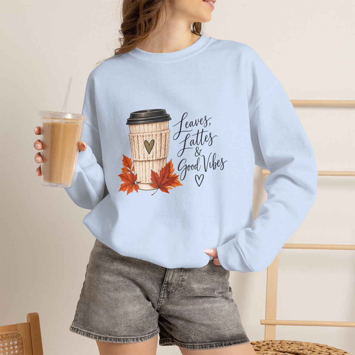 Crewneck Sweatshirt — "Leaves, Lattes & Good Vibes" Fall Coffee Graphic