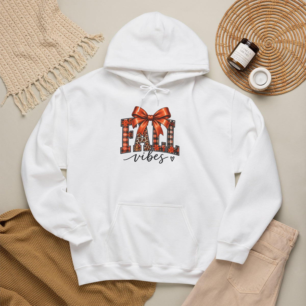 Fall Vibes Hoodie — Plaid Lettering with Bow Autumn Sweatshirt