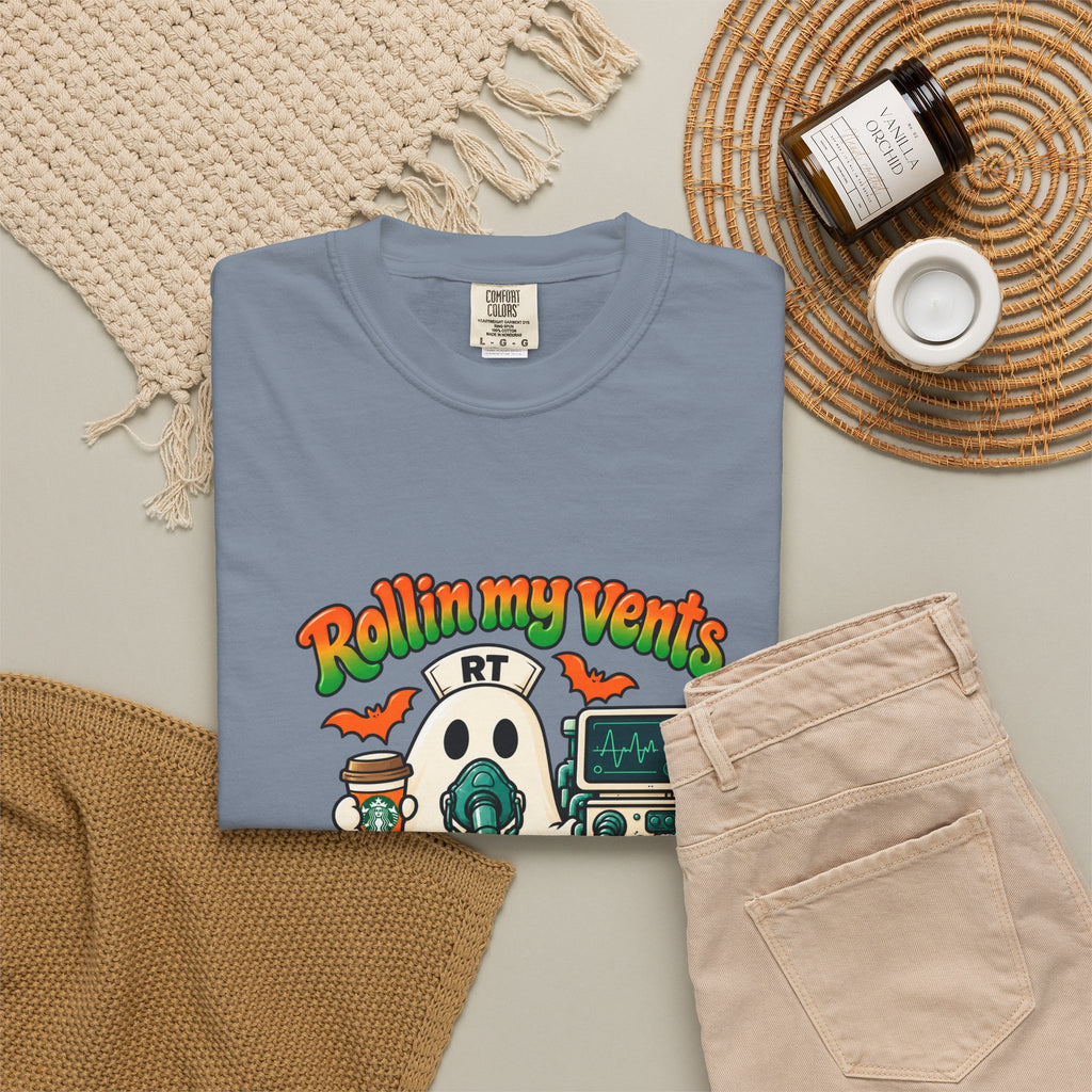 Rollin' My Vents Ghost T-Shirt — Halloween Respiratory Therapist Tee