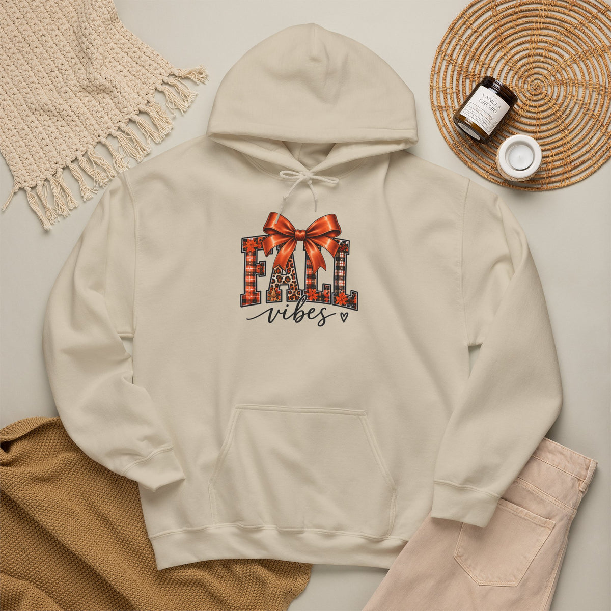 Fall Vibes Hoodie — Plaid Lettering with Bow Autumn Sweatshirt
