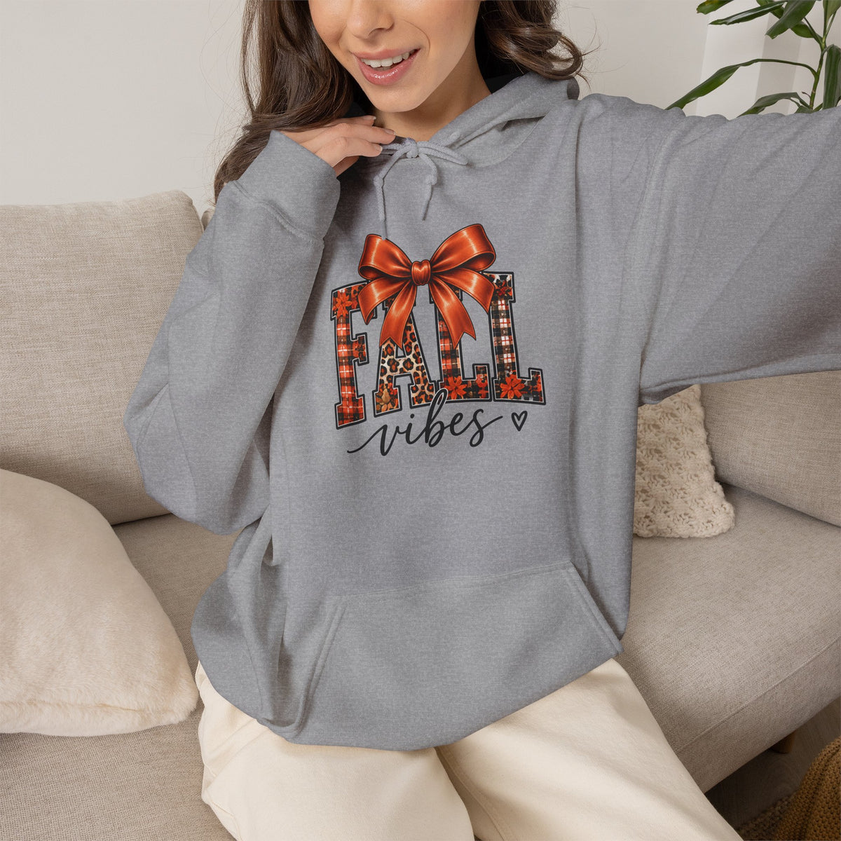Fall Vibes Hoodie — Plaid Lettering with Bow Autumn Sweatshirt
