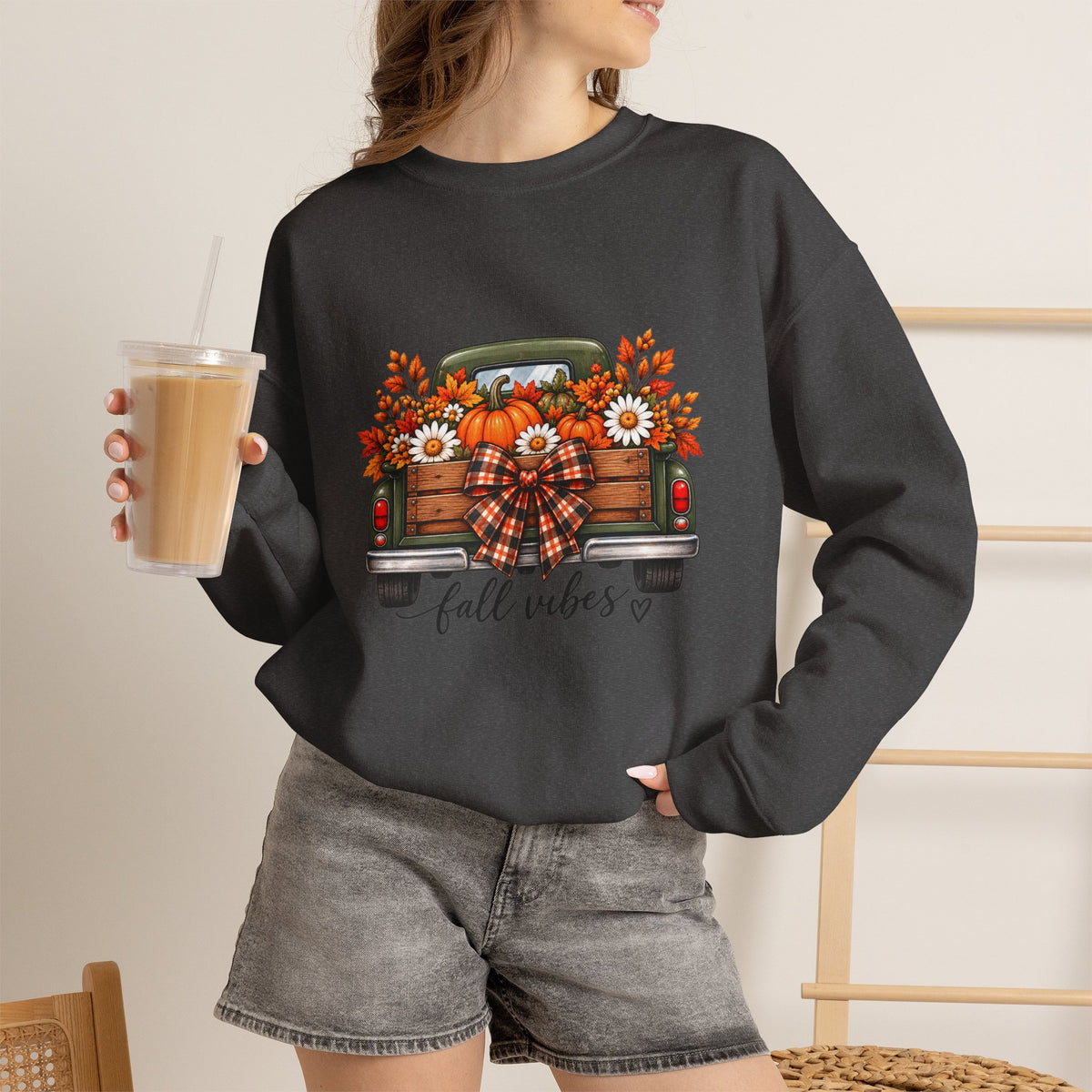 Fall Vibes Truck Sweatshirt — Cozy Autumn Crewneck with Sunflowers & Plaid