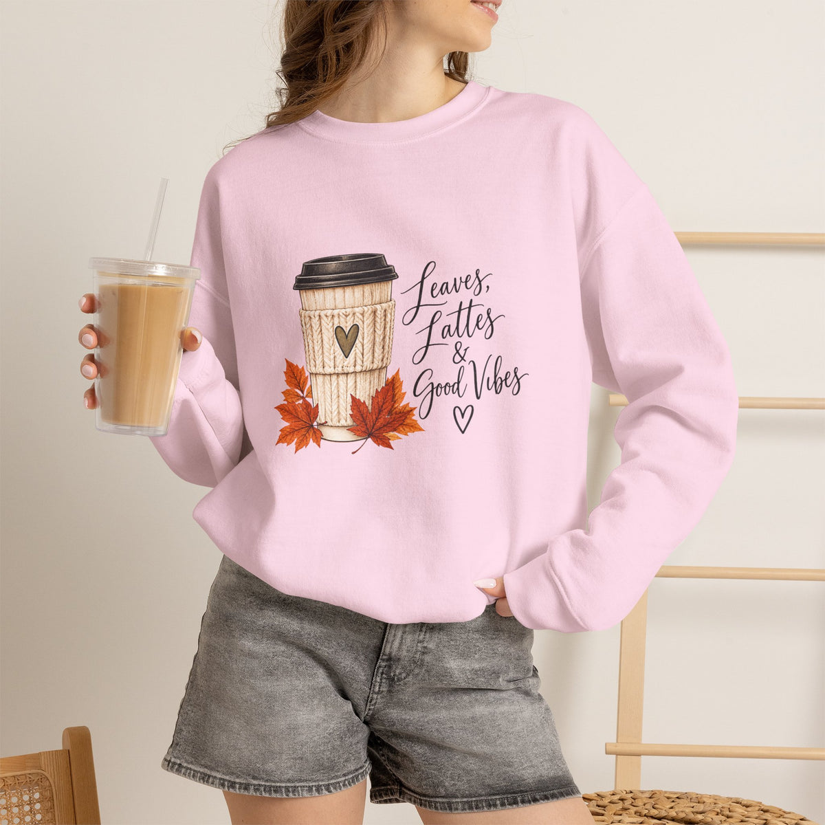 Crewneck Sweatshirt — "Leaves, Lattes & Good Vibes" Fall Coffee Graphic
