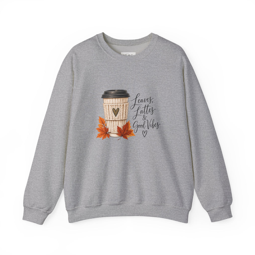 Crewneck Sweatshirt — "Leaves, Lattes & Good Vibes" Fall Coffee Graphic