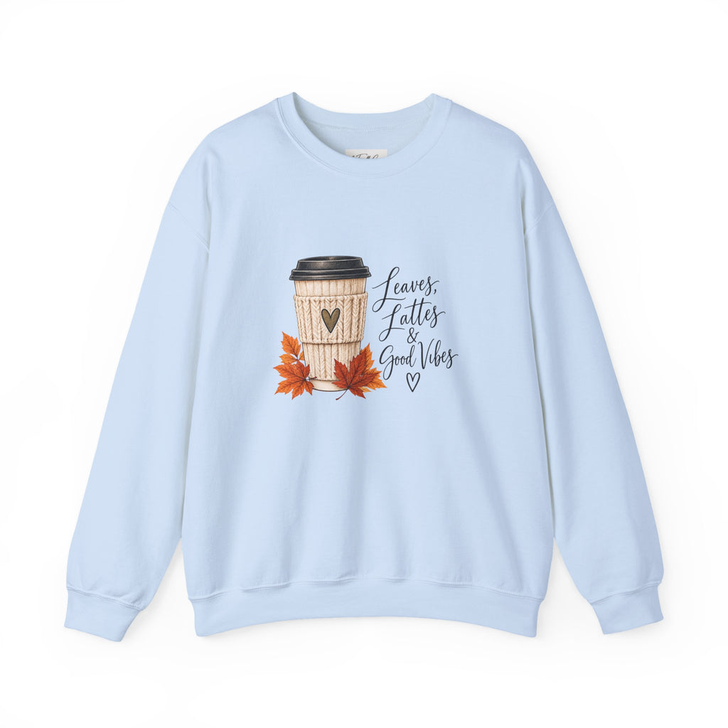 Crewneck Sweatshirt — "Leaves, Lattes & Good Vibes" Fall Coffee Graphic
