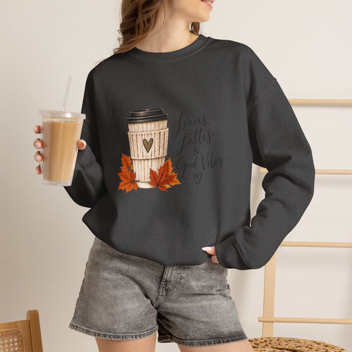 Crewneck Sweatshirt — "Leaves, Lattes & Good Vibes" Fall Coffee Graphic