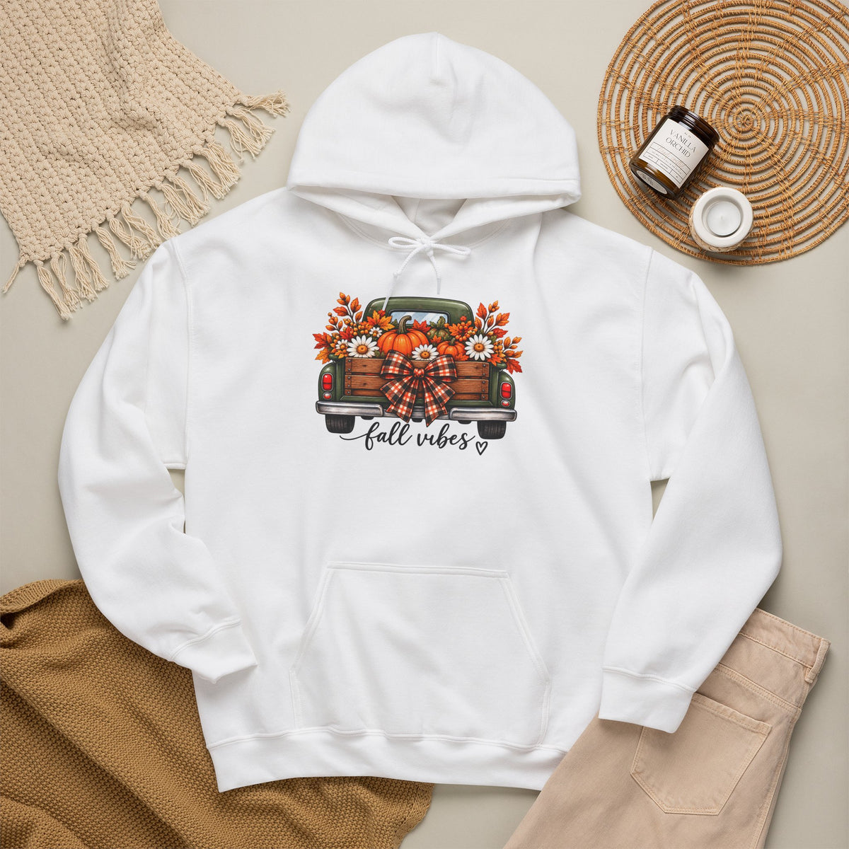 Fall Vibes Truck Hoodie — Autumn Sunflowers & Pumpkins Sweatshirt