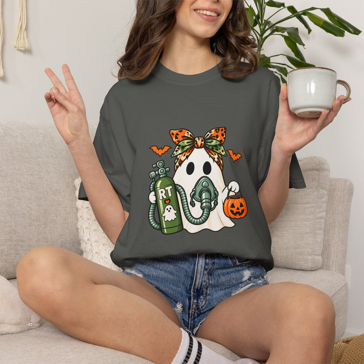 RT Halloween Ghost Tee — Cute Ghost with Pumpkin Respiratory Therapist