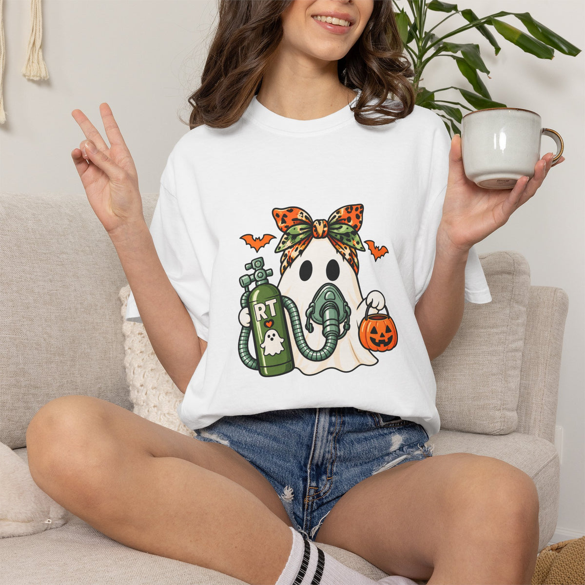 RT Halloween Ghost Tee — Cute Ghost with Pumpkin Respiratory Therapist