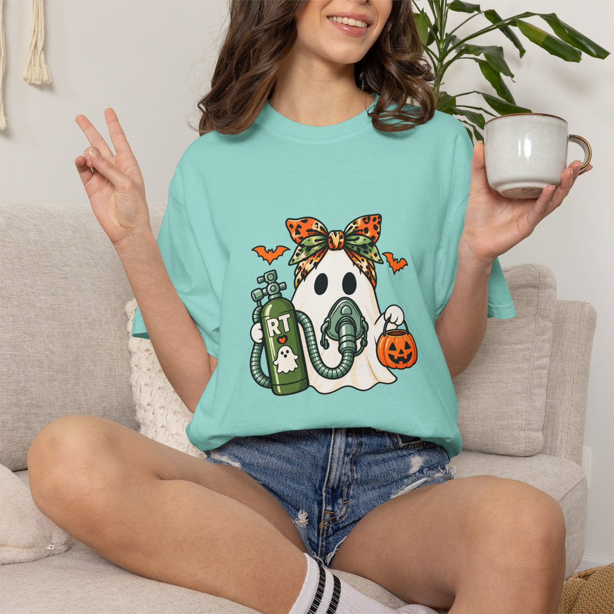 RT Halloween Ghost Tee — Cute Ghost with Pumpkin Respiratory Therapist