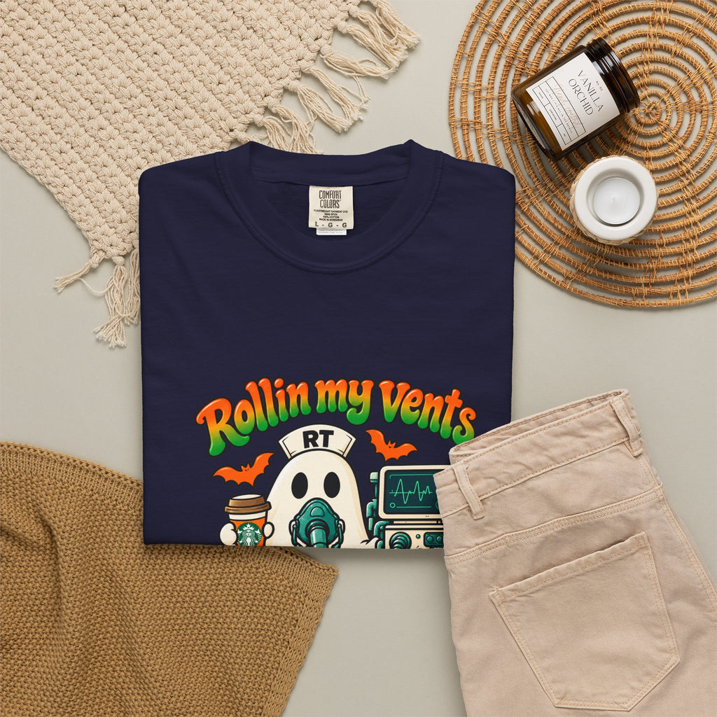 Rollin' My Vents Ghost T-Shirt — Halloween Respiratory Therapist Tee