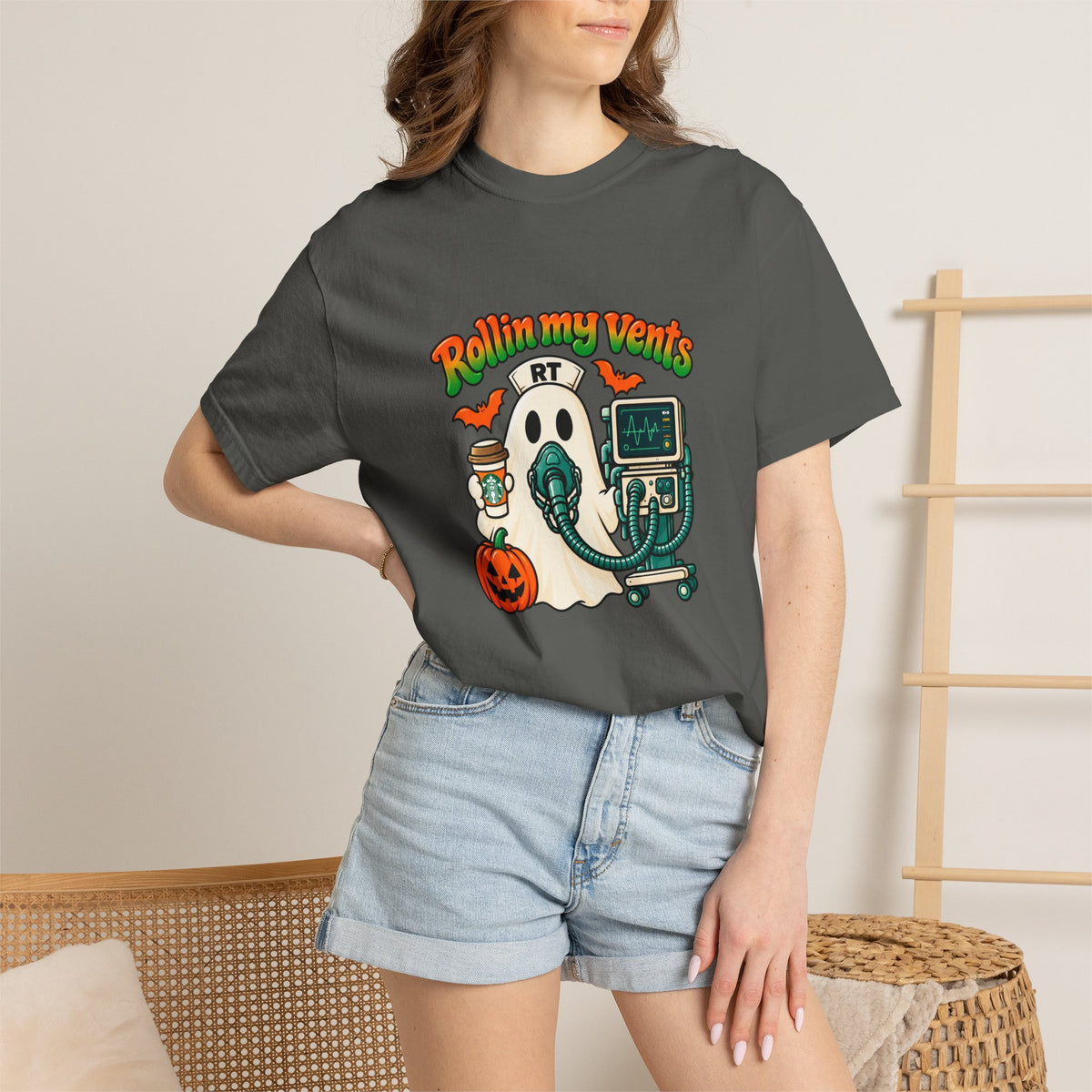 Rollin' My Vents Ghost T-Shirt — Halloween Respiratory Therapist Tee