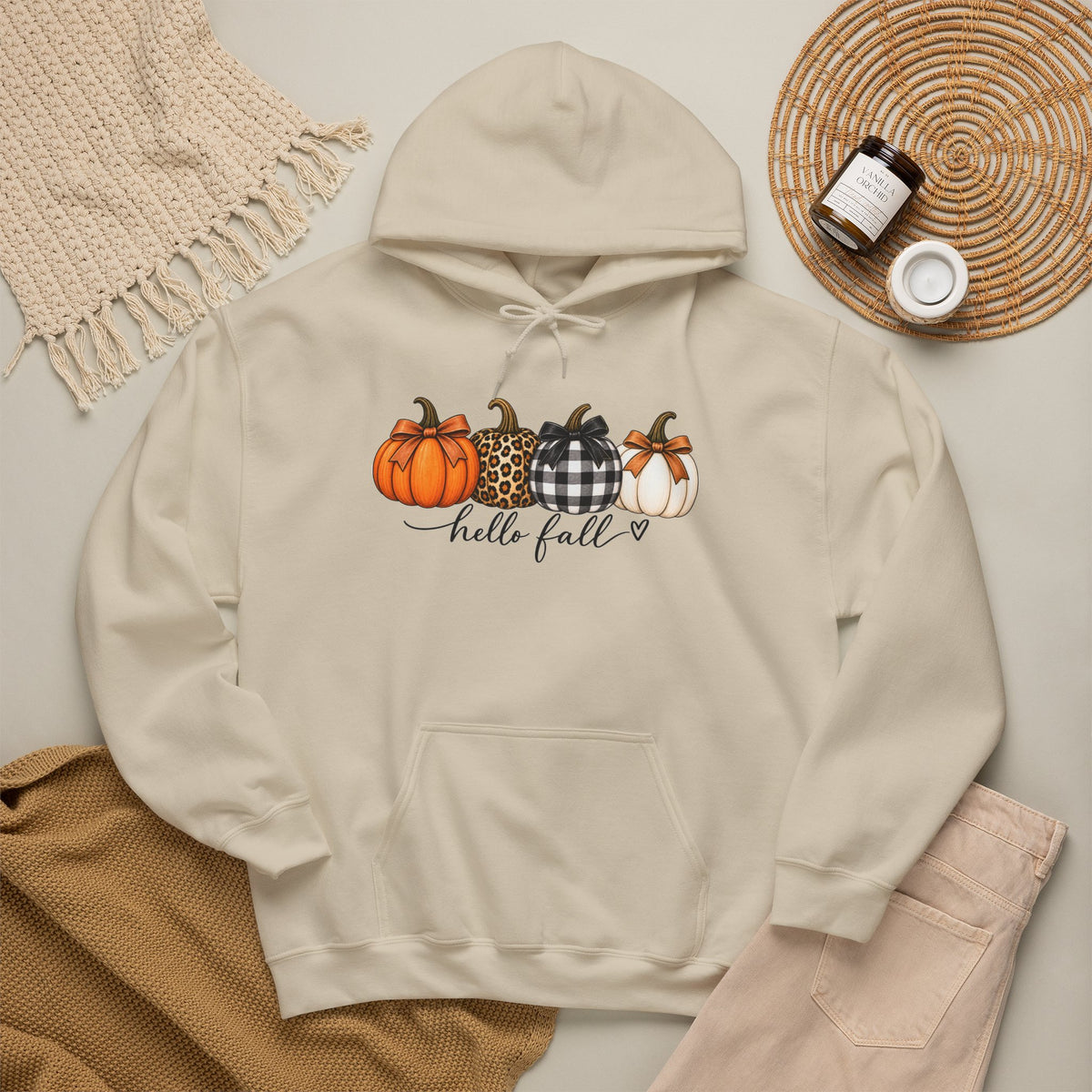 Hello Fall Pumpkin Hoodie — Cozy Autumn Graphic Sweatshirt