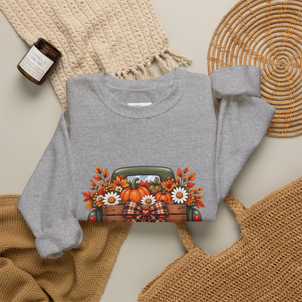 Fall Vibes Truck Sweatshirt — Cozy Autumn Crewneck with Sunflowers & Plaid
