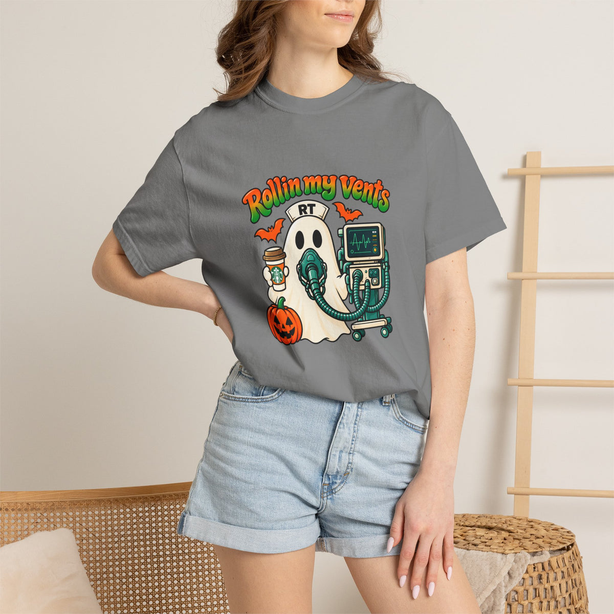Rollin' My Vents Ghost T-Shirt — Halloween Respiratory Therapist Tee