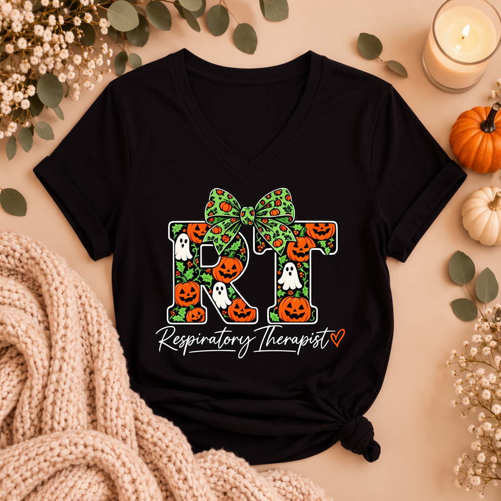 RT Respiratory Therapist Halloween Bow Tee