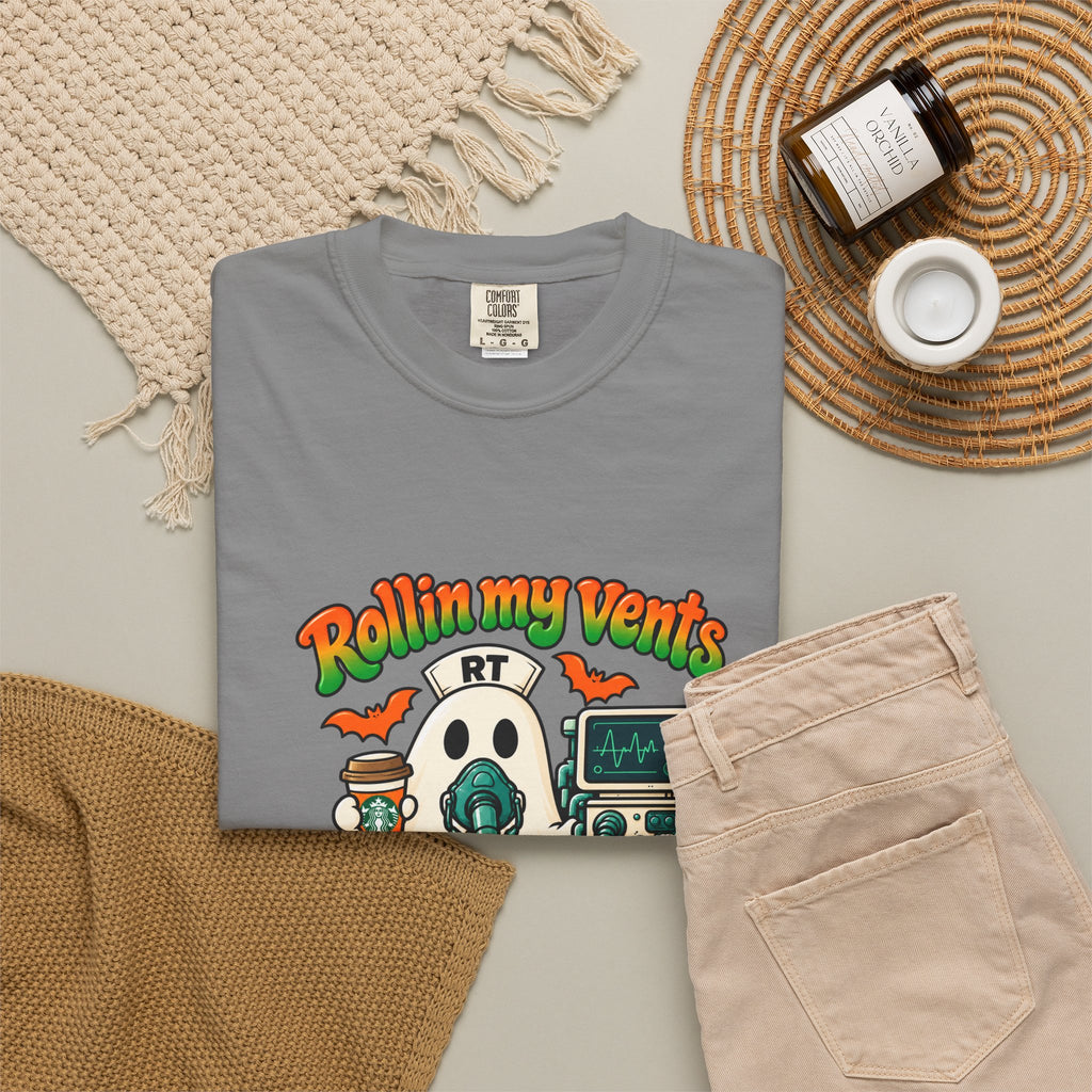 Rollin' My Vents Ghost T-Shirt — Halloween Respiratory Therapist Tee