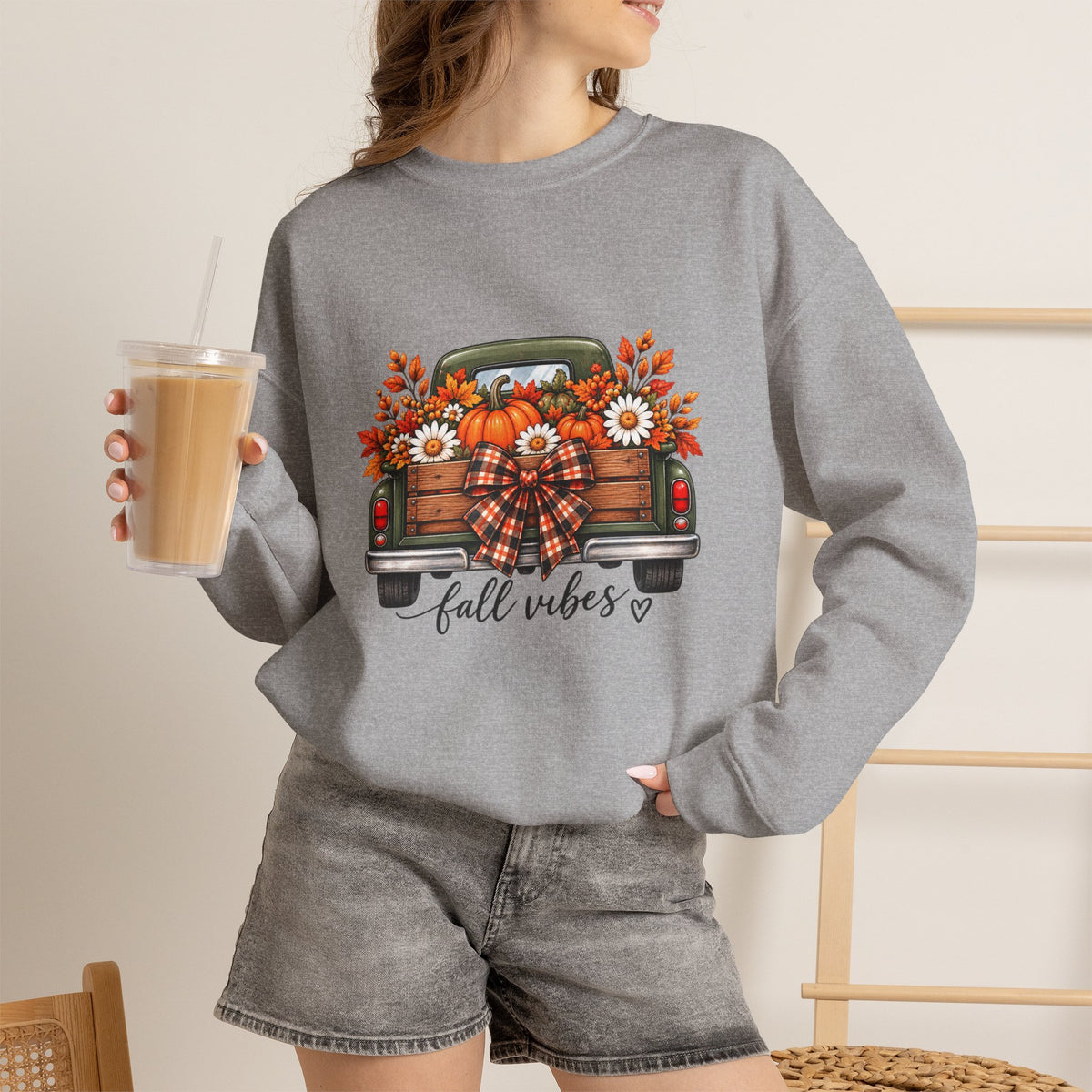 Fall Vibes Truck Sweatshirt — Cozy Autumn Crewneck with Sunflowers & Plaid