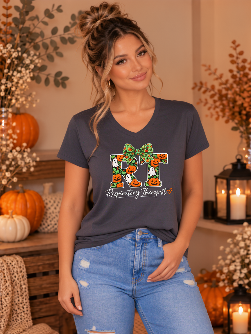RT Respiratory Therapist Halloween Bow Tee