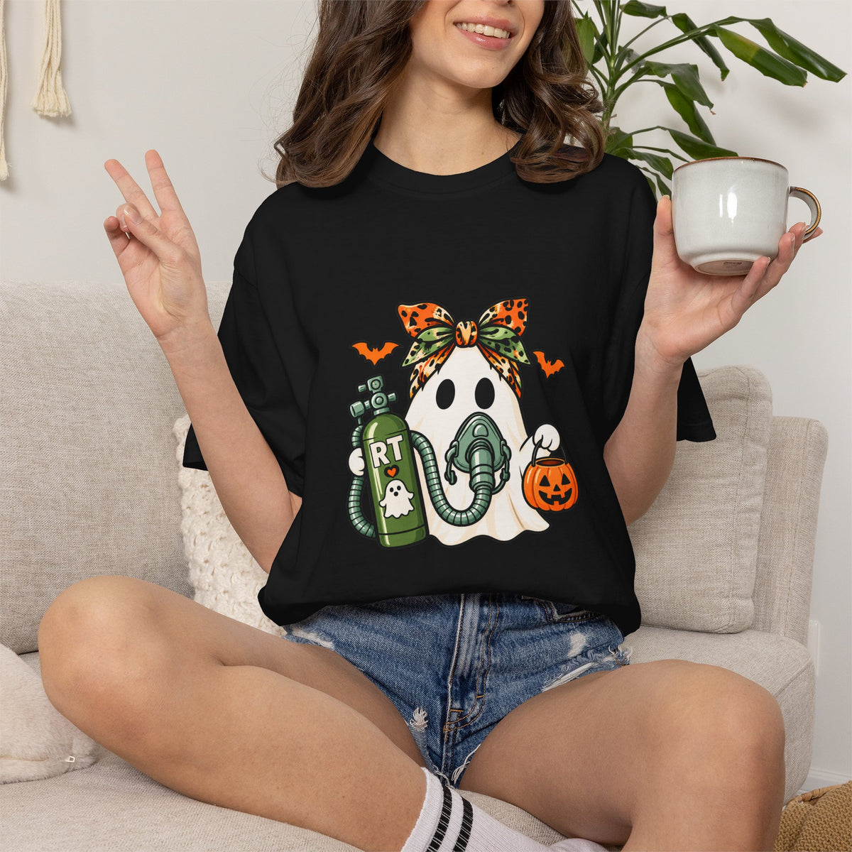 RT Halloween Ghost Tee — Cute Ghost with Pumpkin Respiratory Therapist