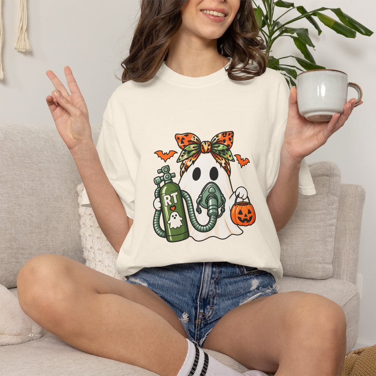 RT Halloween Ghost Tee — Cute Ghost with Pumpkin Respiratory Therapist