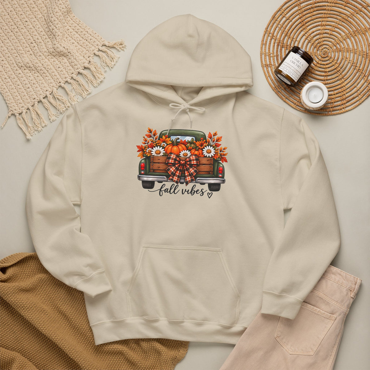 Fall Vibes Truck Hoodie — Autumn Sunflowers & Pumpkins Sweatshirt
