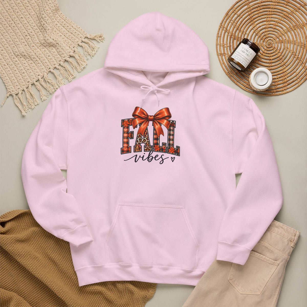 Fall Vibes Hoodie — Plaid Lettering with Bow Autumn Sweatshirt