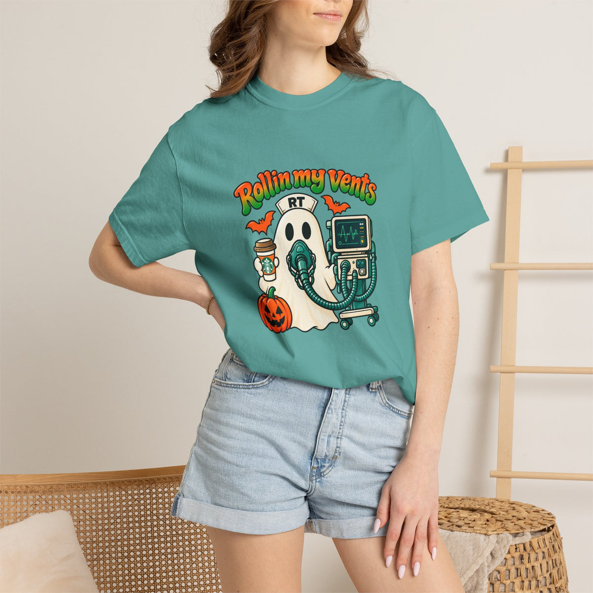 Rollin' My Vents Ghost T-Shirt — Halloween Respiratory Therapist Tee