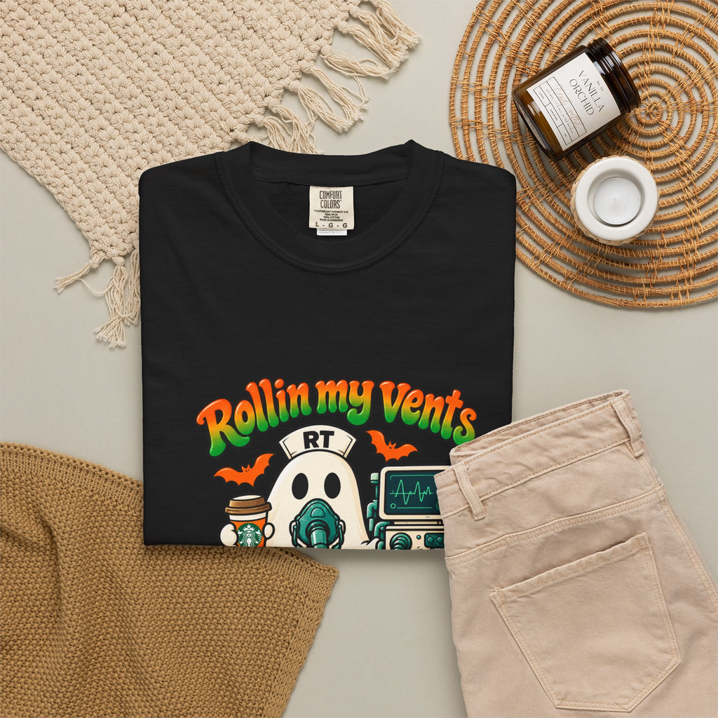 Rollin' My Vents Ghost T-Shirt — Halloween Respiratory Therapist Tee