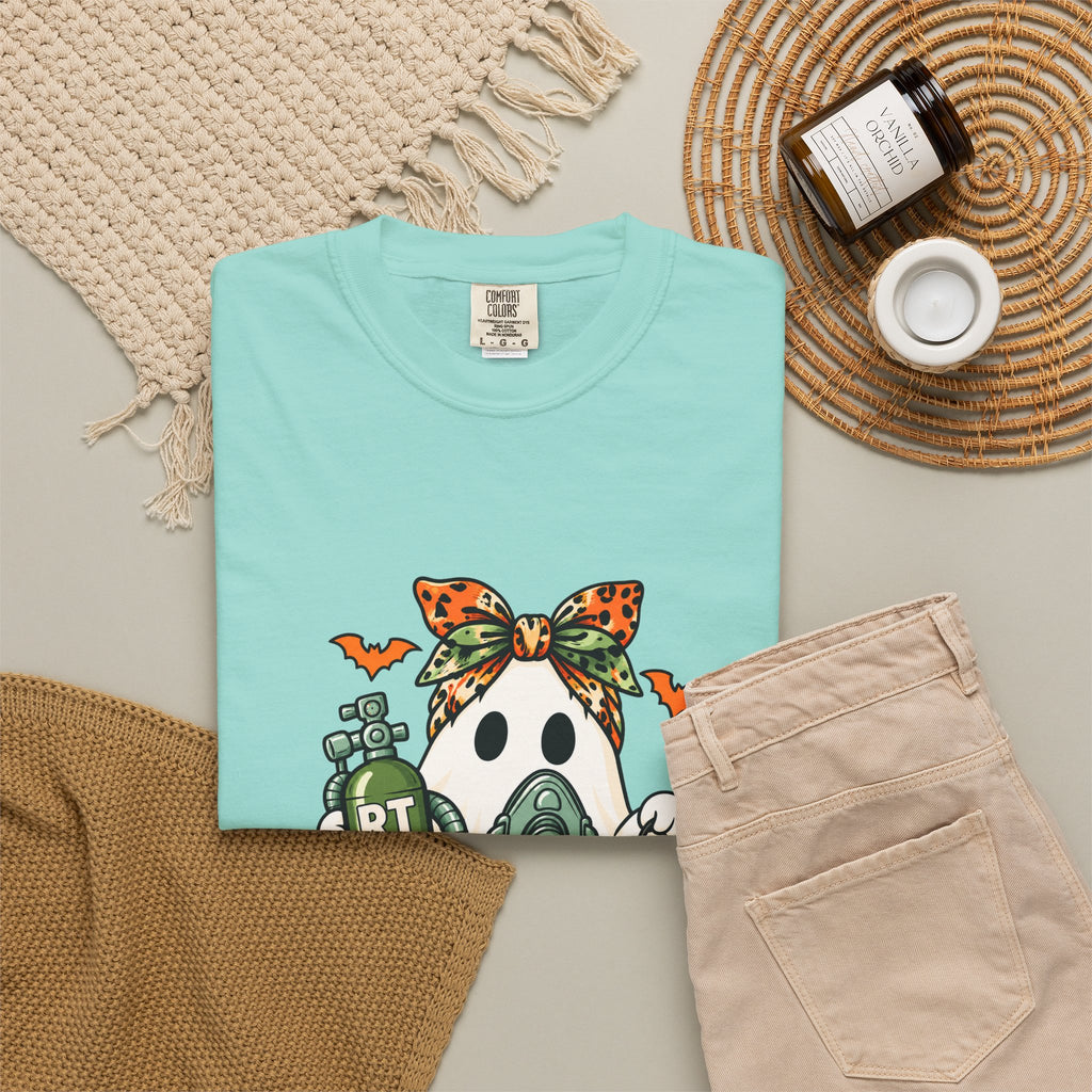 RT Halloween Ghost Tee — Cute Ghost with Pumpkin Respiratory Therapist