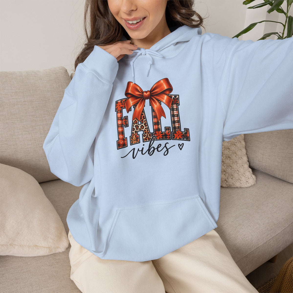 Fall Vibes Hoodie — Plaid Lettering with Bow Autumn Sweatshirt