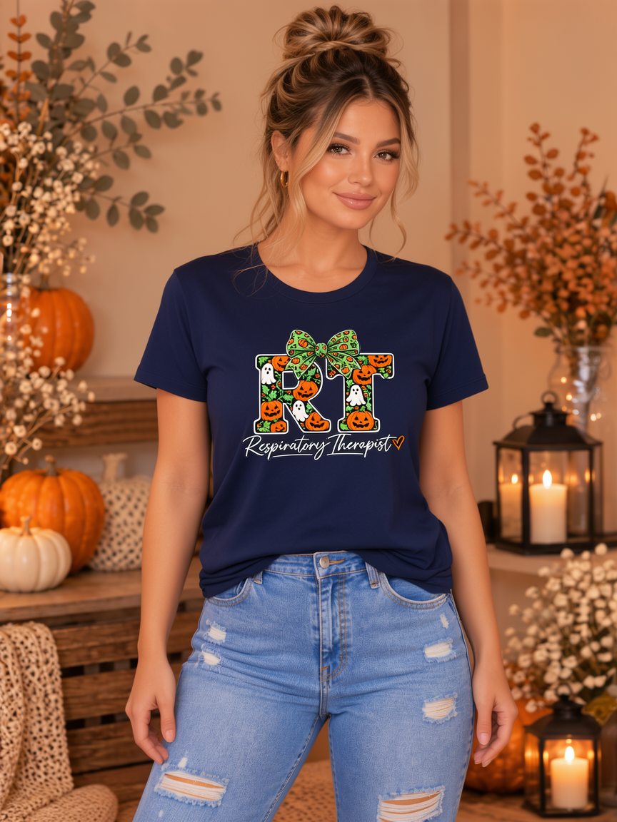 RT Respiratory Therapist Halloween Bow Tee