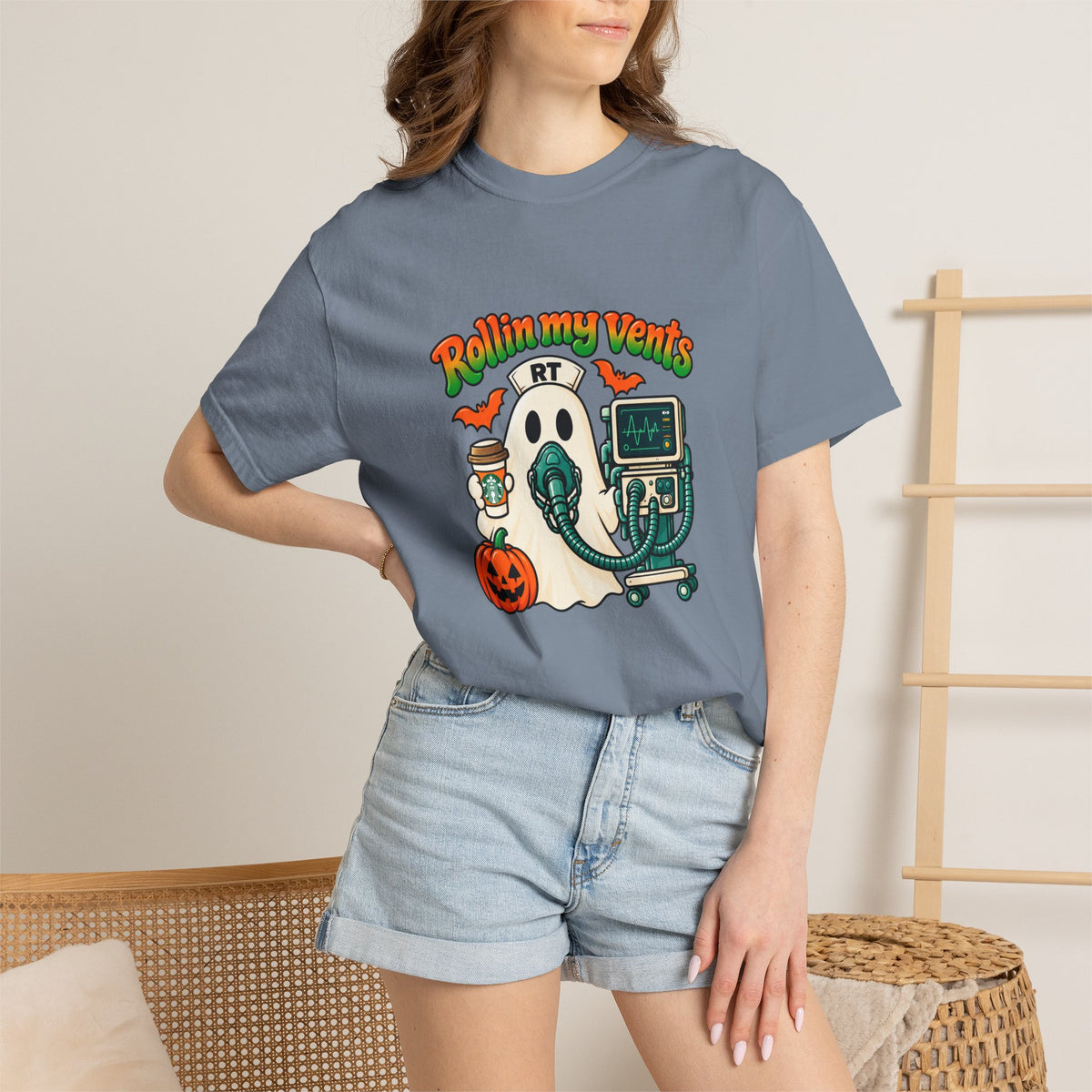 Rollin' My Vents Ghost T-Shirt — Halloween Respiratory Therapist Tee