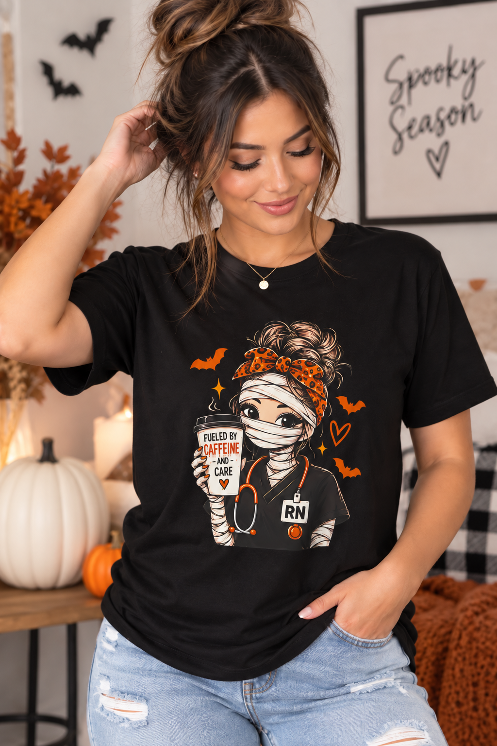 Fueled by Caffeine & Care Halloween Nurse Tee