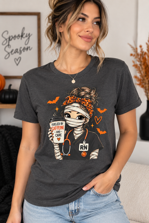 Fueled by Caffeine & Care Halloween Nurse Tee