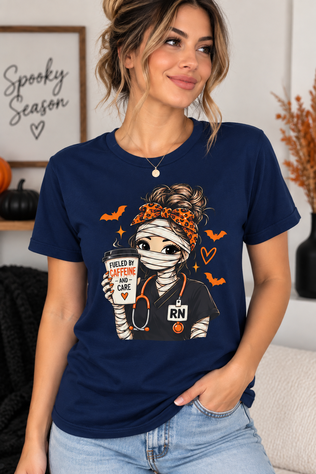 Fueled by Caffeine & Care Halloween Nurse Tee