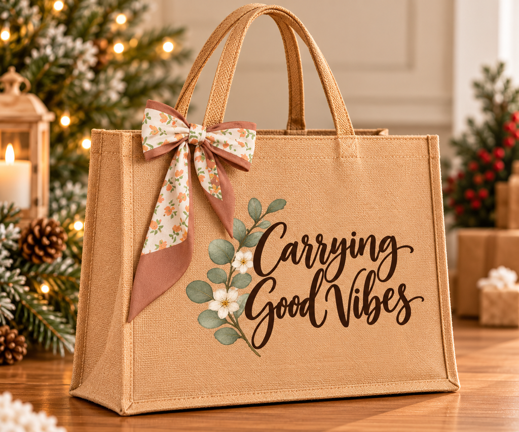 Carrying Good Vibes Burlap Tote Bag