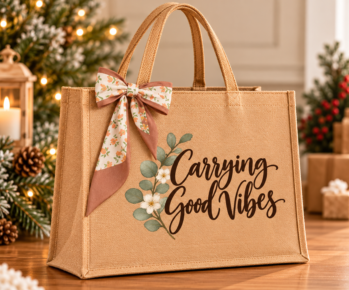 Carrying Good Vibes Burlap Tote Bag