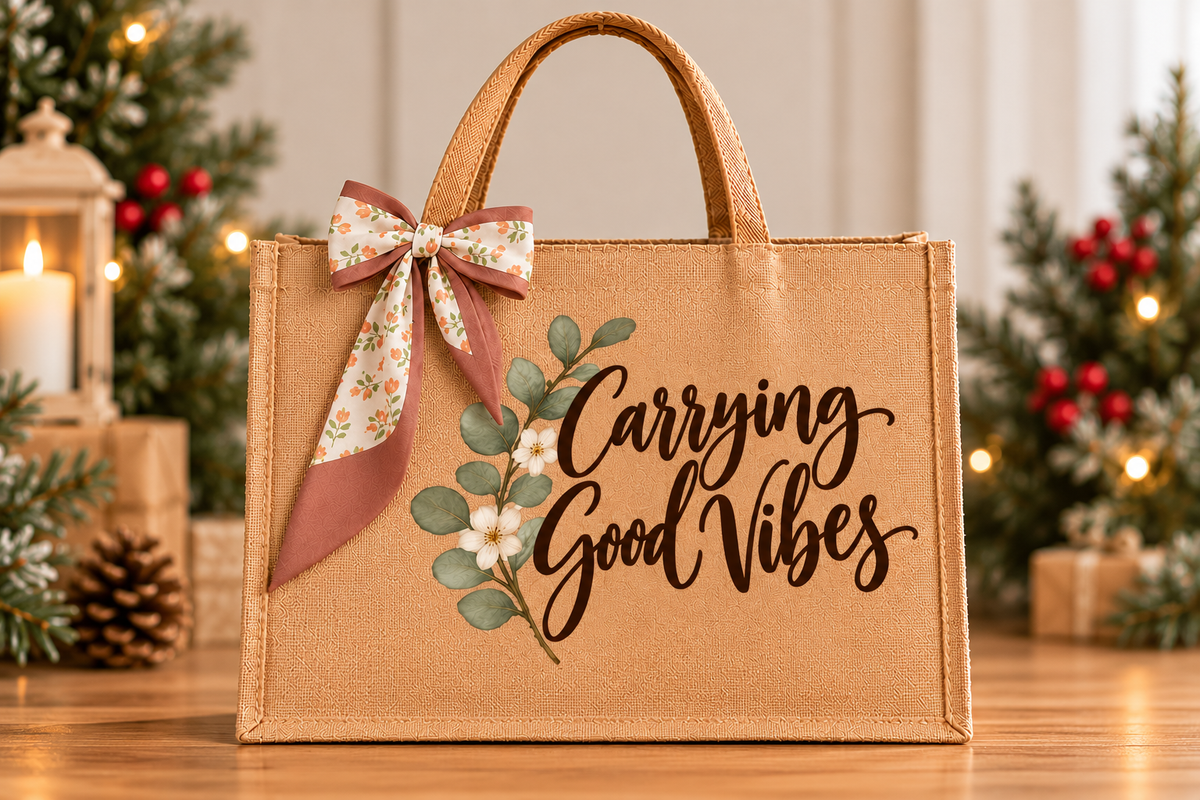 Carrying Good Vibes Burlap Tote Bag