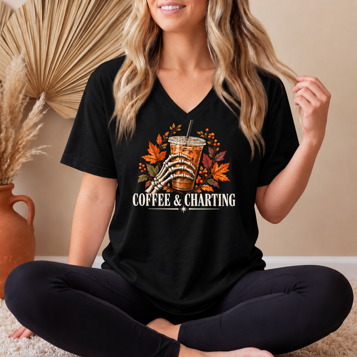 Coffee & Charting Fall Tee – Healthcare Worker Halloween Autumn Shirt