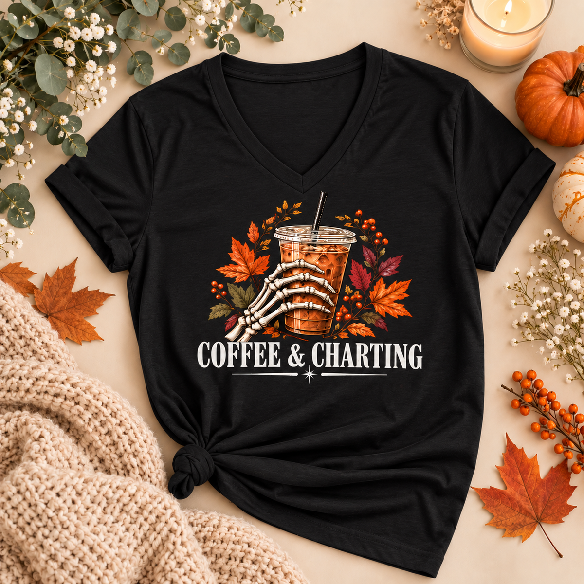 Coffee & Charting Fall Tee – Healthcare Worker Halloween Autumn Shirt